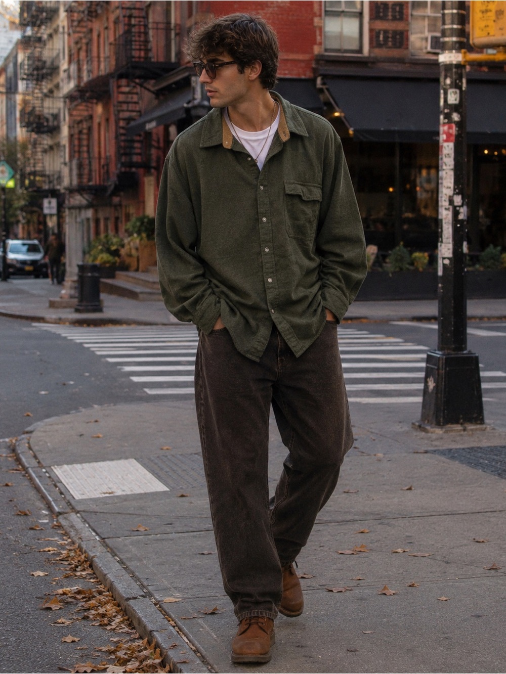 Classic Men's Olive Green Cord Shirt with Contrast Collar